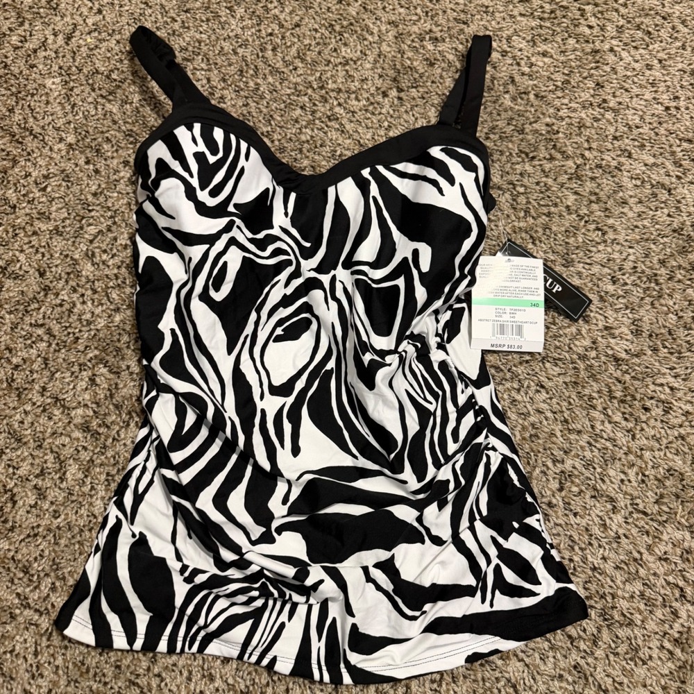 24th & Ocean‎ Womens Zebra Shirred Sweetheart D-Cup Tankini Top Black White 34D